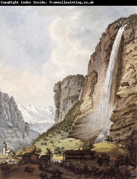 Johann Ludwig Aberli Fall d-eau apellee Staubbach in the Vallee Louterbrunen